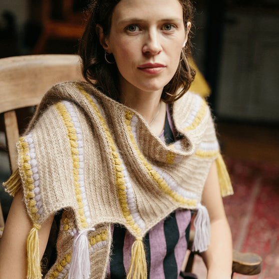Calendula Shawl - Wrap with Bobbles and Fringe
2