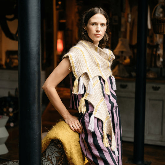 Calendula Shawl - Wrap with Bobbles and Fringe
6