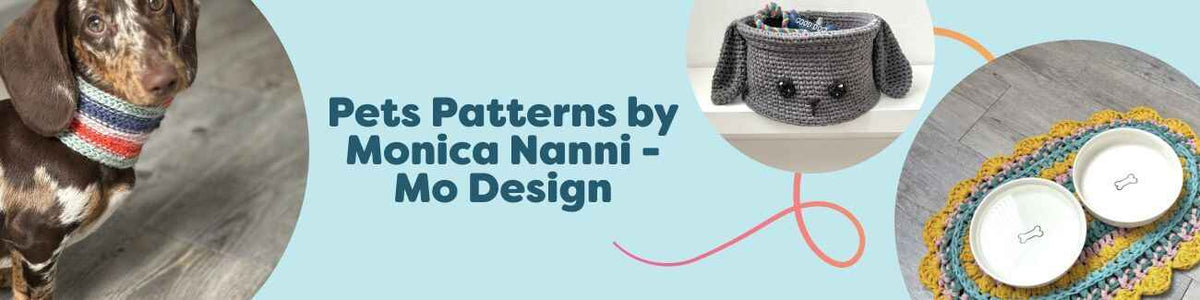 Collection image of free pet crochet patterns by Monica Nanni (Mo Design) at Hobbii, featuring a dog scarf, basket, bowl mat, and hands-free leashes.
