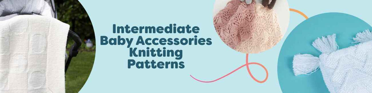 Intermediate baby accessories knitting patterns—blankets, comforters, and sleepy suits—styled in soft yarns from Hobbii.