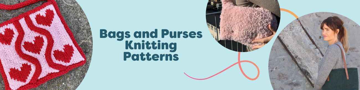 Assortment of free knitted bag and purse patterns from Hobbii—totes, beach bags, and felted purses in modern colors with yarn and needles.