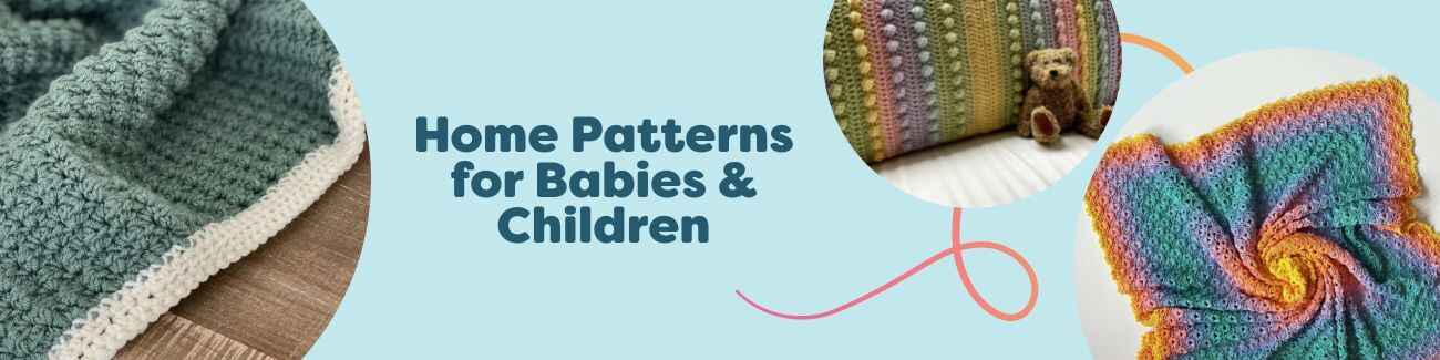Baby and kids home patterns in knit and crochet: soft blankets, loveys, and nursery decor in pastel yarns from Hobbii.