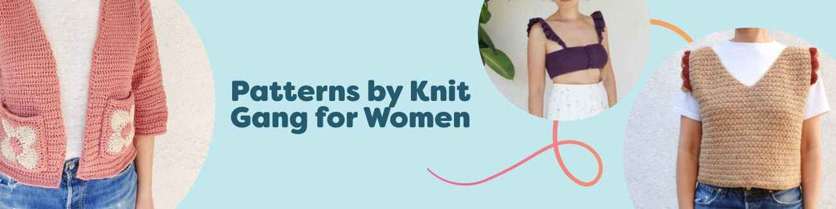 Women wearing Knit Gang designs - a cardigan, bralette, vest, top, and mini dress - knit and crochet patterns made with Hobbii yarns