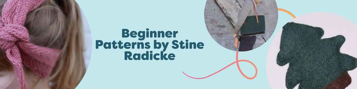 Assorted beginner-friendly knitting and crochet designs by Stine Radicke—headbands, a felted bag, a grill mitt, and a festive hat—styled with Hobbii yarns.