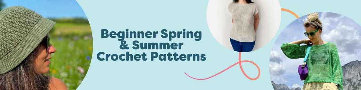 Collage of beginner spring and summer crochet patterns: airy tops, bucket hat, lightweight cardigan and shawl in pastel yarns from Hobbii.