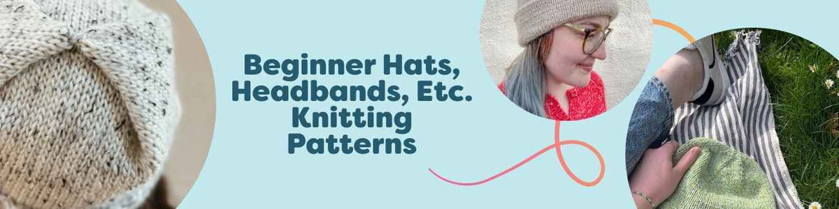 Assorted beginner-friendly knitted hats, headbands, beanies, and bucket hats made with Hobbii yarn, displayed together in soft colors.