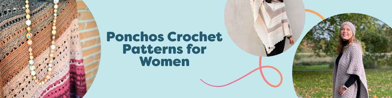 Assortment of women's crochet ponchos in neutral and bright hues, modeled outdoors; textured stitches and drape shown with Hobbii yarns.