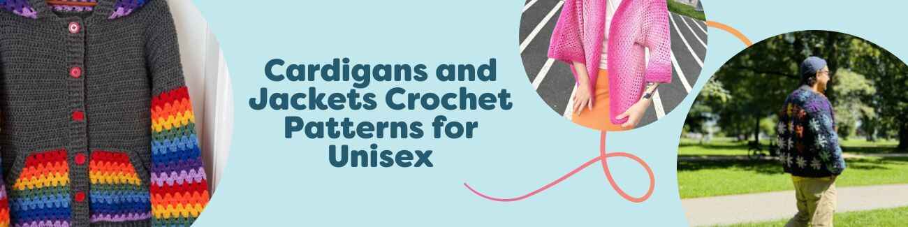 Unisex crochet cardigans and jackets from Hobbii—hoodie, granny square jacket, bobble cardigan, and more patterns in neutral and bright yarns.