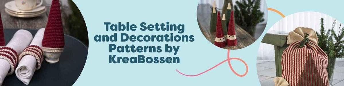 Crocheted table setting and holiday decorations by KreaBossen—cones, gift sacks, and ornaments in festive yarn arranged on a styled table.