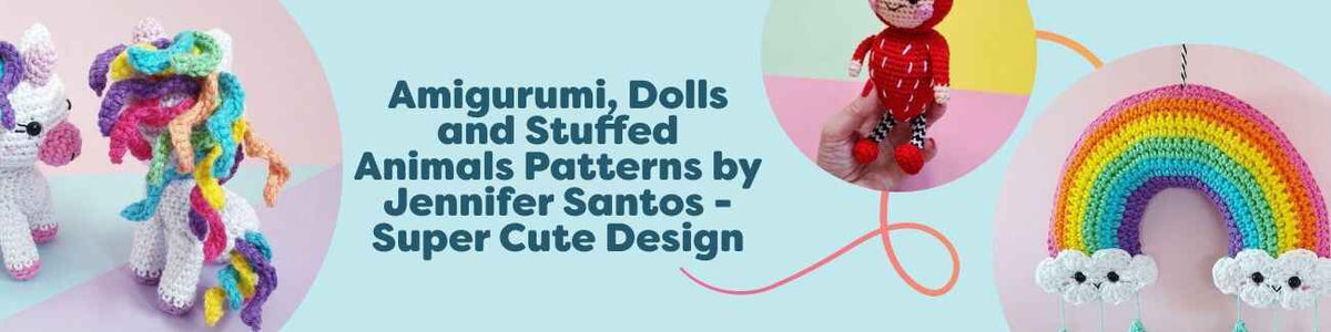 Amigurumi crochet patterns by Jennifer Santos—baby unicorn, strawberry plush, panda stocking, dino pram chain made with Hobbii yarn