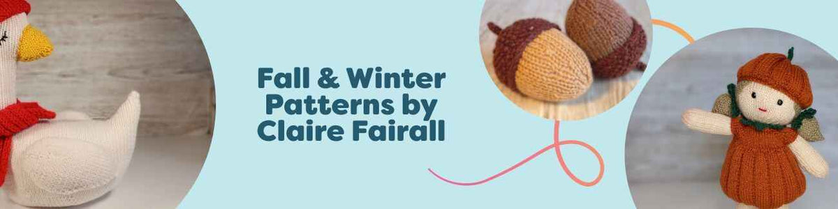 Group image of Claire Fairall’s fall and winter crochet patterns: candy and tweedy pumpkins, autumn acorns, a winter goose, and a pumpkin doll outfit.