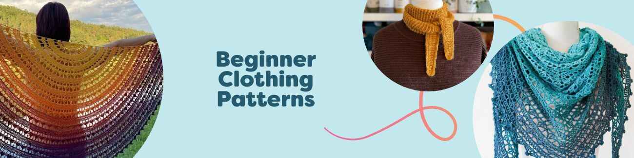 Hobbii beginner clothing patterns: easy knit and crochet scarves, shawls, and bucket hats on a neutral background.