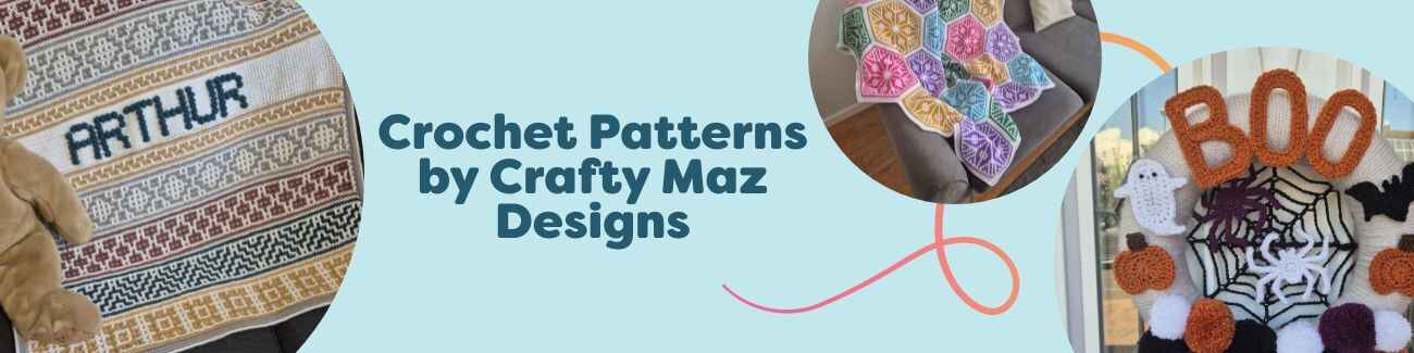 Collection image showing Crafty Maz Designs crochet projects—blankets, a sweater, a wreath, and a dog bandana—made with Hobbii yarn.