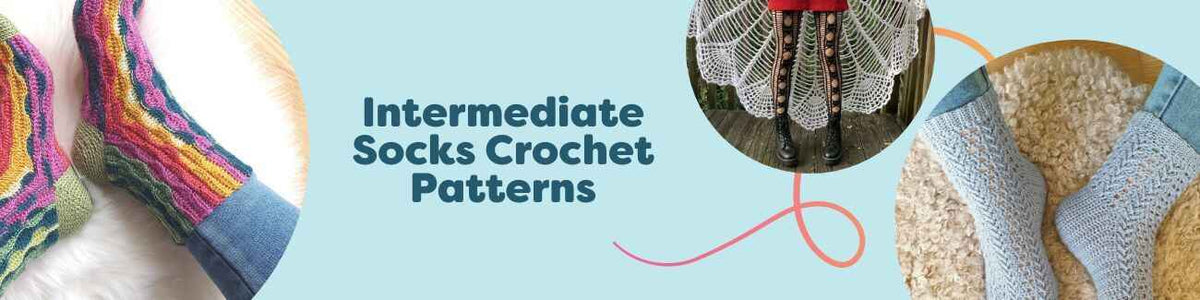 Flat lay of intermediate crochet sock patterns from Hobbii, featuring lace, herringbone, twisted, and wave textures in ankle to knee-high styles.