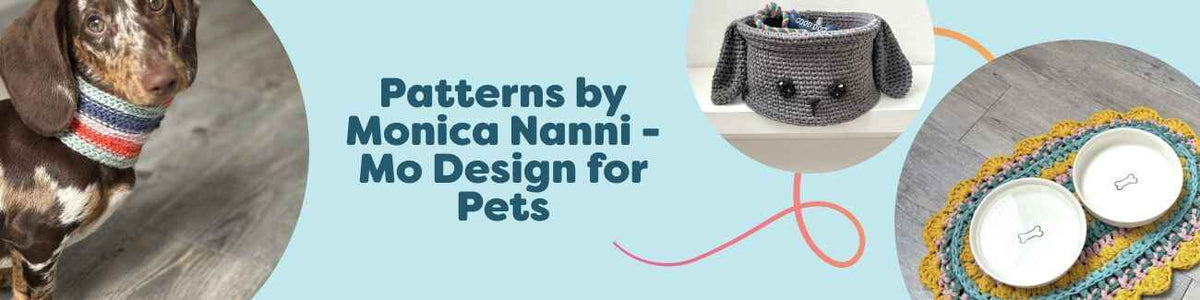 Monica Nanni Mo Design for Pets crochet patterns - dog scarf, hands-free leashes, bowl mat, and basket styled with Hobbii yarns.
