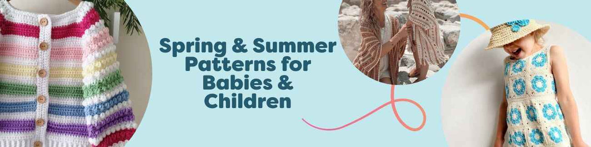 Collage of spring and summer baby and kids knitting and crochet projects: children’s cardigans, a light summer dress, and a daisy boater hat in soft cotton yarns and pastel colors.