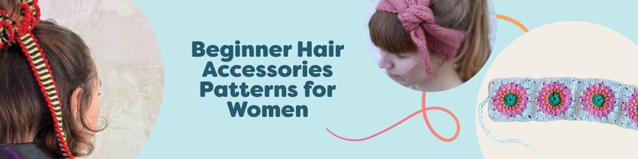 Knit and crochet hair accessories—scrunchies, bows, and headbands—for women in soft yarns, shown as free beginner-friendly patterns from Hobbii.