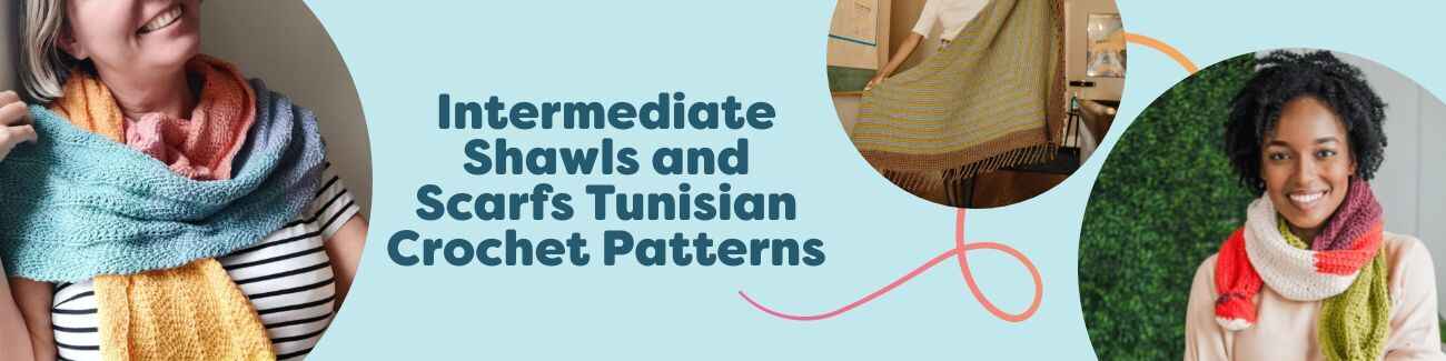 Flat lay of three free intermediate Tunisian crochet projects—a beaded shawl, textured scarf, and pom scarf—styled with yarn skeins and a Tunisian hook.
