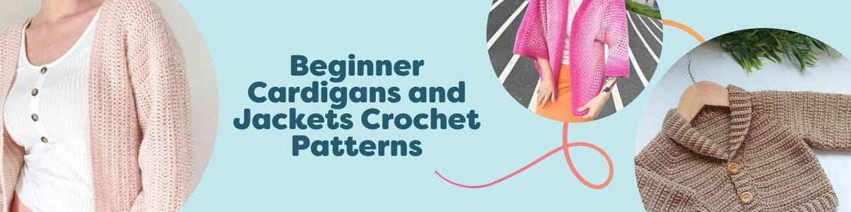 Beginner-friendly crochet cardigan and jacket patterns for adults and children, shown on models in assorted colors with Hobbii yarns.