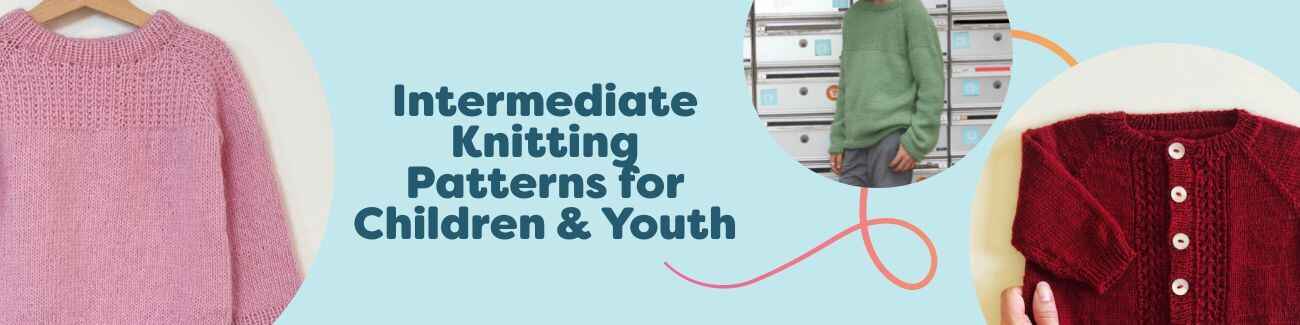 Selection of intermediate knitting patterns for children and youth—sweaters, cardigans, and mittens in kid and teen sizes, made with Hobbii yarns.