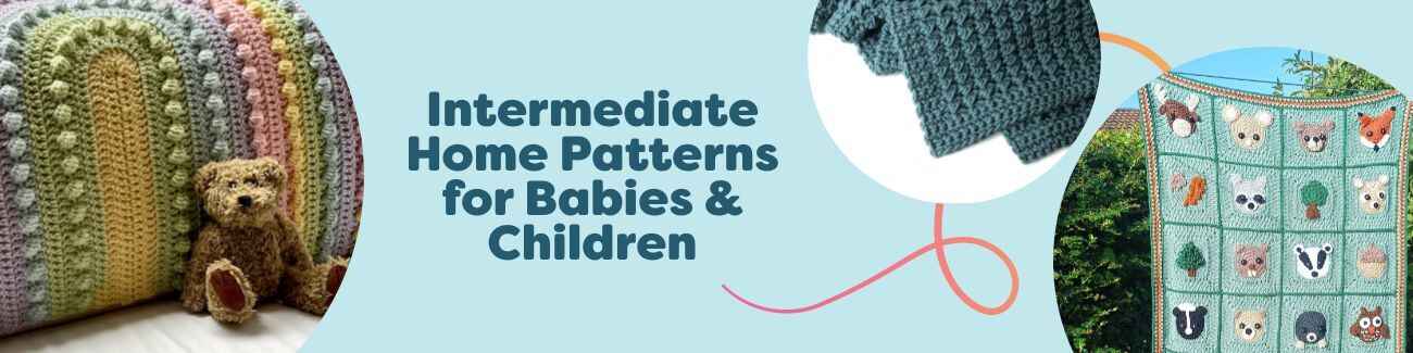 Collection of intermediate crochet patterns for babies and children, featuring colorful baby blankets like Lollipop Rainbow, Woodland, Nestariel, and Azalea from Hobbii.