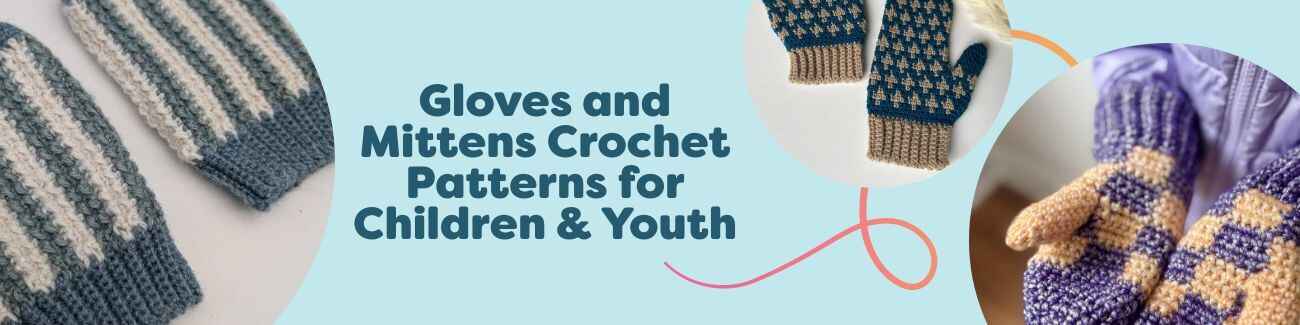 Flat lay of colorful crochet mittens and fingerless gloves sized for children and youth, showing textured stitches and colorwork from Hobbii patterns.