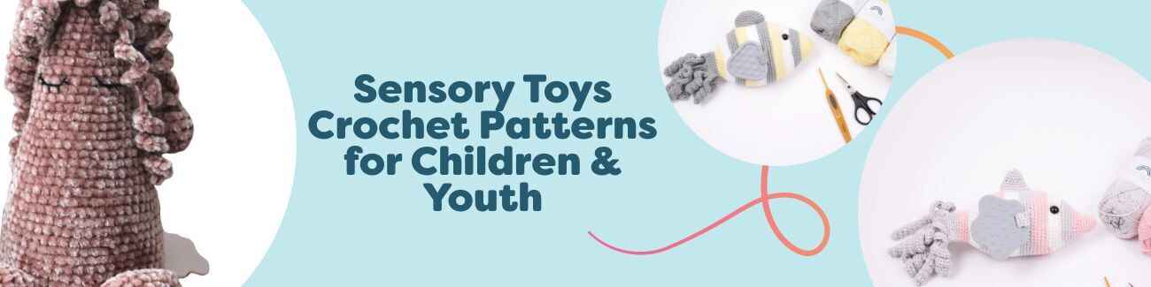 Assorted crochet sensory toys for children and youth—textured cube, cone, playful fish, and puzzle pieces in bright yarns from Hobbii.