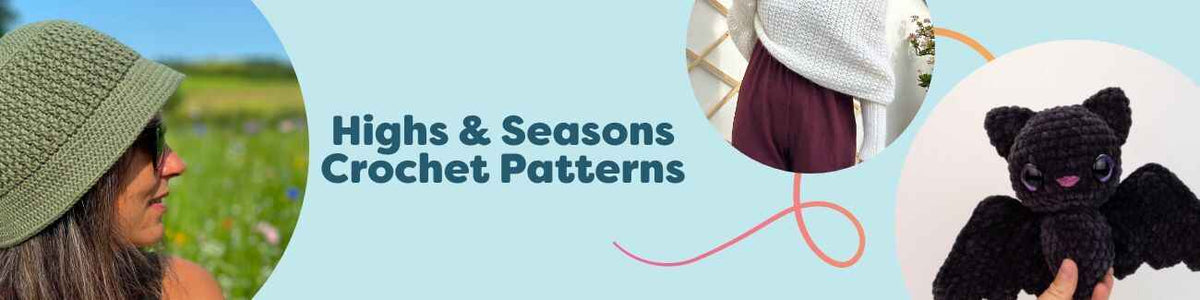 Highs & Seasons crochet patterns: bucket hat, shawl, beanie, parasol, and amigurumi bat in seasonal yarns by Hobbii
