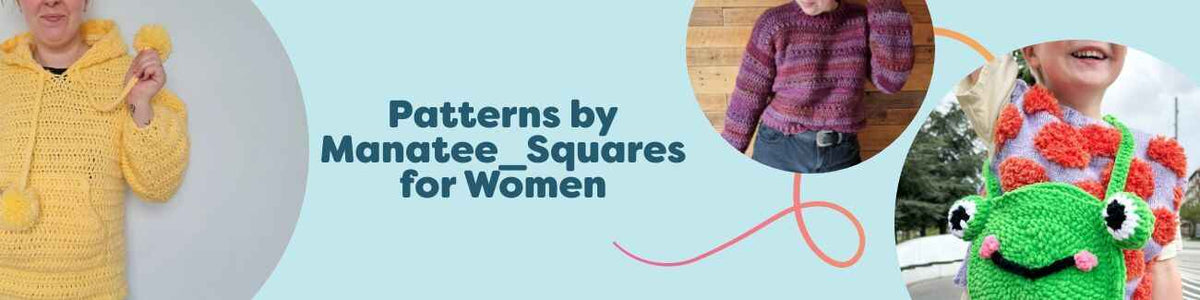 Collage of Manatee_Squares women's crochet patterns from Hobbii featuring sweaters, cardigans, and bags in bright, modern styles.