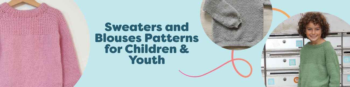 Collection of children’s and youth knit and crochet sweater and blouse patterns from Hobbii, with cozy pullovers, cardigans, and jumpers displayed with yarn.