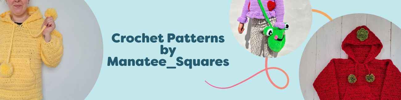 Manatee_Squares crochet patterns at Hobbii shown as a mix of children’s hoodies, cozy sweaters, and a froggy bag, styled with yarn skeins, hooks, and swatches.