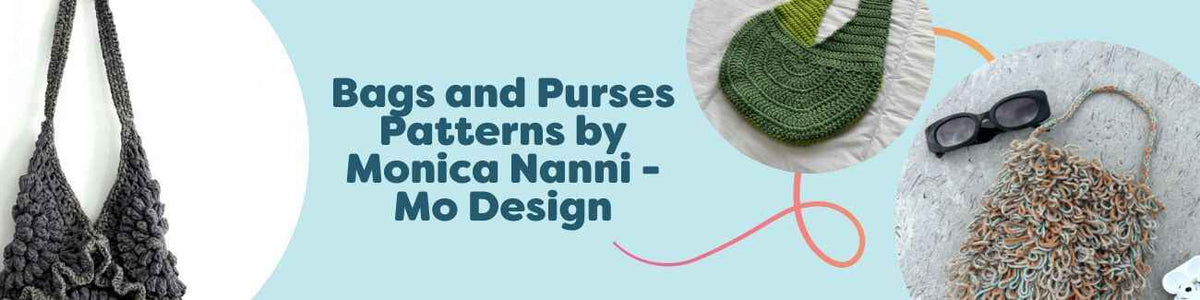 Crochet bag and purse patterns by Monica Nanni, with crossbody, tote, handbag, and knot bag styles shown.