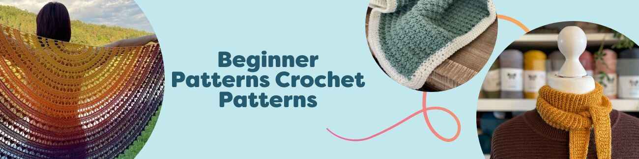 Selection of beginner-friendly crochet projects—scarf, shawl, baby blanket, and bucket hat—made with soft Hobbii yarns.