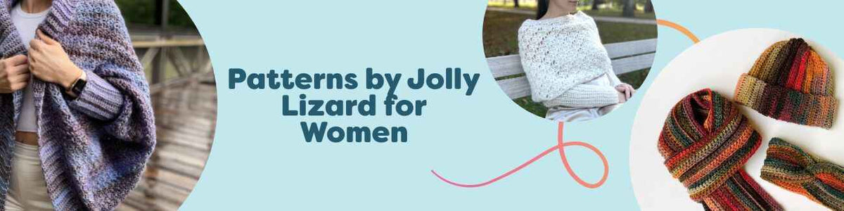 Women wearing Jolly Lizard crochet designs: cocoon cardigan, bolero, sweater scarf and accessory set, made with Hobbii yarns.