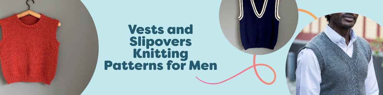 Men’s knitted vests and slipovers in neutral tones, with cable and textured stitches, styled with Hobbii yarn skeins and needles.