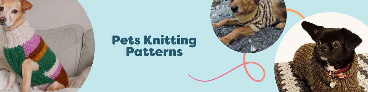 Flat lay of knitted dog sweaters in multiple sizes with yarn and needles, representing Hobbii's Pets Knitting Patterns collection for small-breed dogs.
