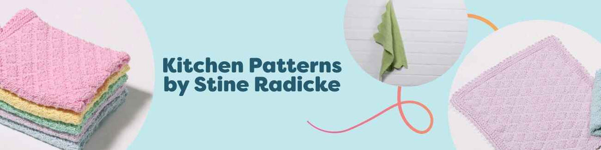 Kitchen crochet patterns by Stine Radicke featuring towels and dishcloths in seasonal and classic designs from Hobbii.