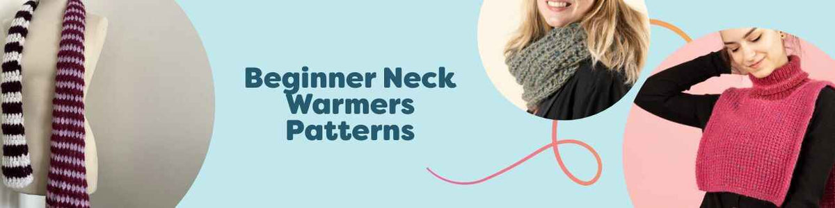 A collage of beginner-friendly neck warmers—cowls, tube scarves, headbands, and simple scarves—in knit and crochet, from Hobbii.