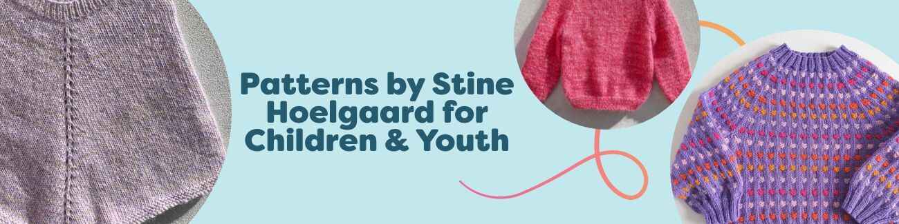 Collection image showing Stine Hoelgaard patterns for children and youth—knitted sweaters, ponchos, and hats from Hobbii.