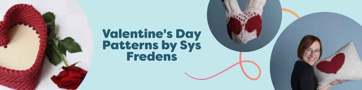 Valentine’s Day patterns by Sys Fredens from Hobbii: heart baskets, heart pillow, and Rubin hat and mittens in red and pink yarns.