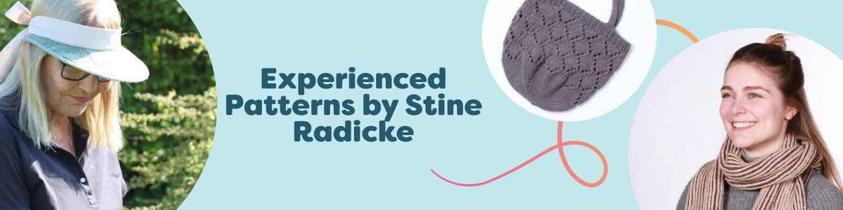 Selection of Stine Radicke’s experienced knit and intermediate crochet patterns from Hobbii, including a sunrise beach bag, maple scarf, rainbow bamboo summer top, and a cap.