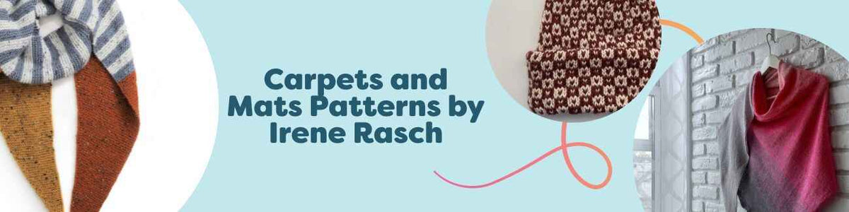 Assortment of crocheted carpets and mats by Irene Rasch, colorful geometric designs styled with Hobbii yarn.