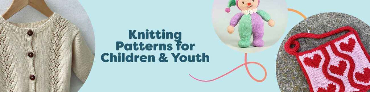 Children and teens in hand-knit sweaters, hats, and a cowl, with a knitted toy—free kids and youth knitting patterns by Hobbii.
