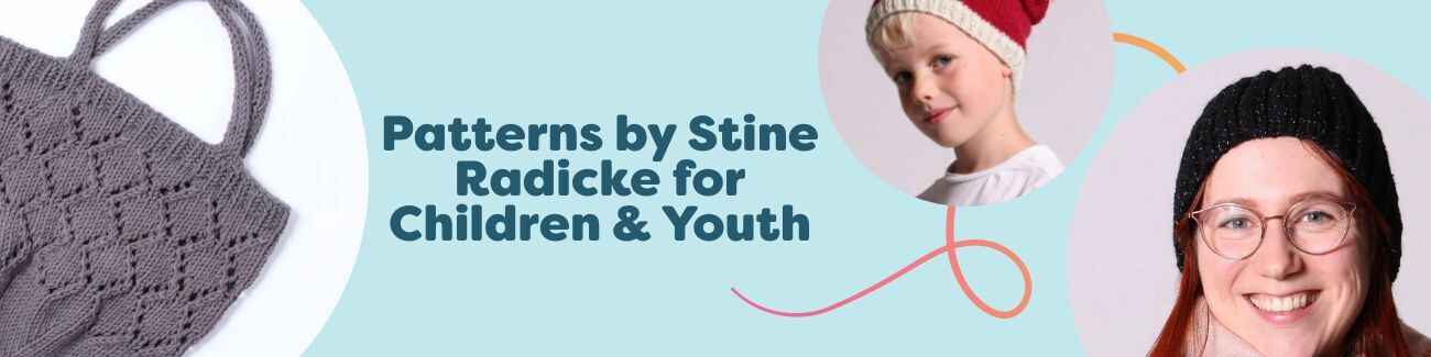 Stine Radicke children and youth pattern collection at Hobbii, featuring knit and crochet designs such as hats, baby socks, sweaters, and a small beach bag.