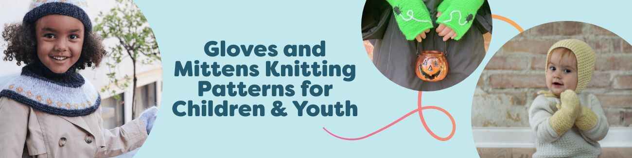 Assorted children’s knitted gloves and mittens in bright colors, sized for kids and youth, displayed with Hobbii yarn skeins and needles.