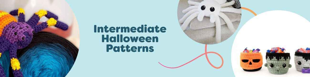 Montage of intermediate Halloween crochet patterns from Hobbii featuring a bat amigurumi, tarantula, spider pillow, eyeball garland, and candy basket set.