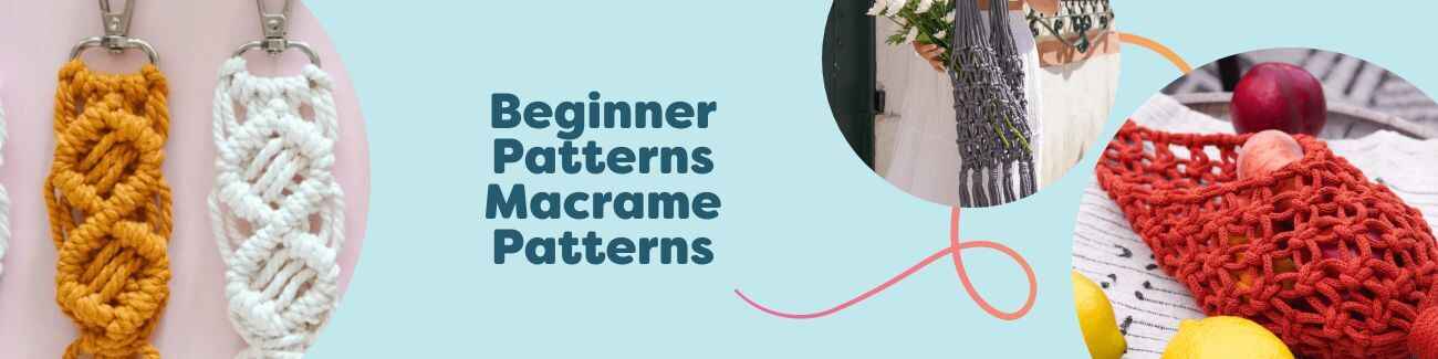 Collage of free beginner macrame patterns: a key hanger, a market tote bag, and a fruit net made with soft cotton cord.