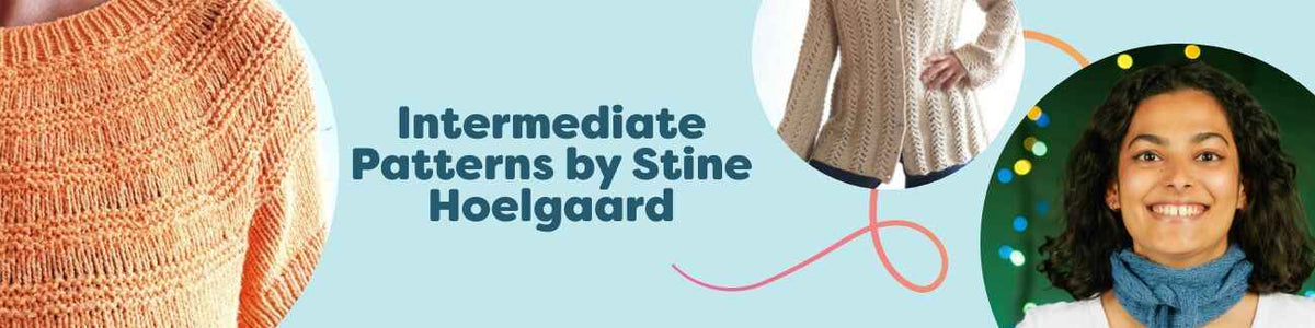 Collection image of Stine Hoelgaard’s intermediate knit and crochet designs for Hobbii, featuring a cardigan, T-shirt, scarves, and a sweater.
