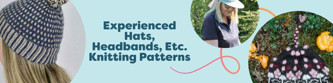 Assorted advanced-level knitted hats, headbands, and caps in cozy yarns from Hobbii, showcasing cables, colorwork, and textured ribbing on a clean display.
