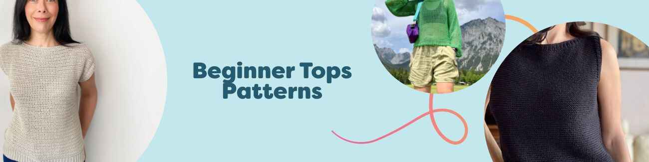 Assortment of beginner-friendly knit and crochet tops with Hobbii yarn skeins, needles, and hooks styled together on a clean background.